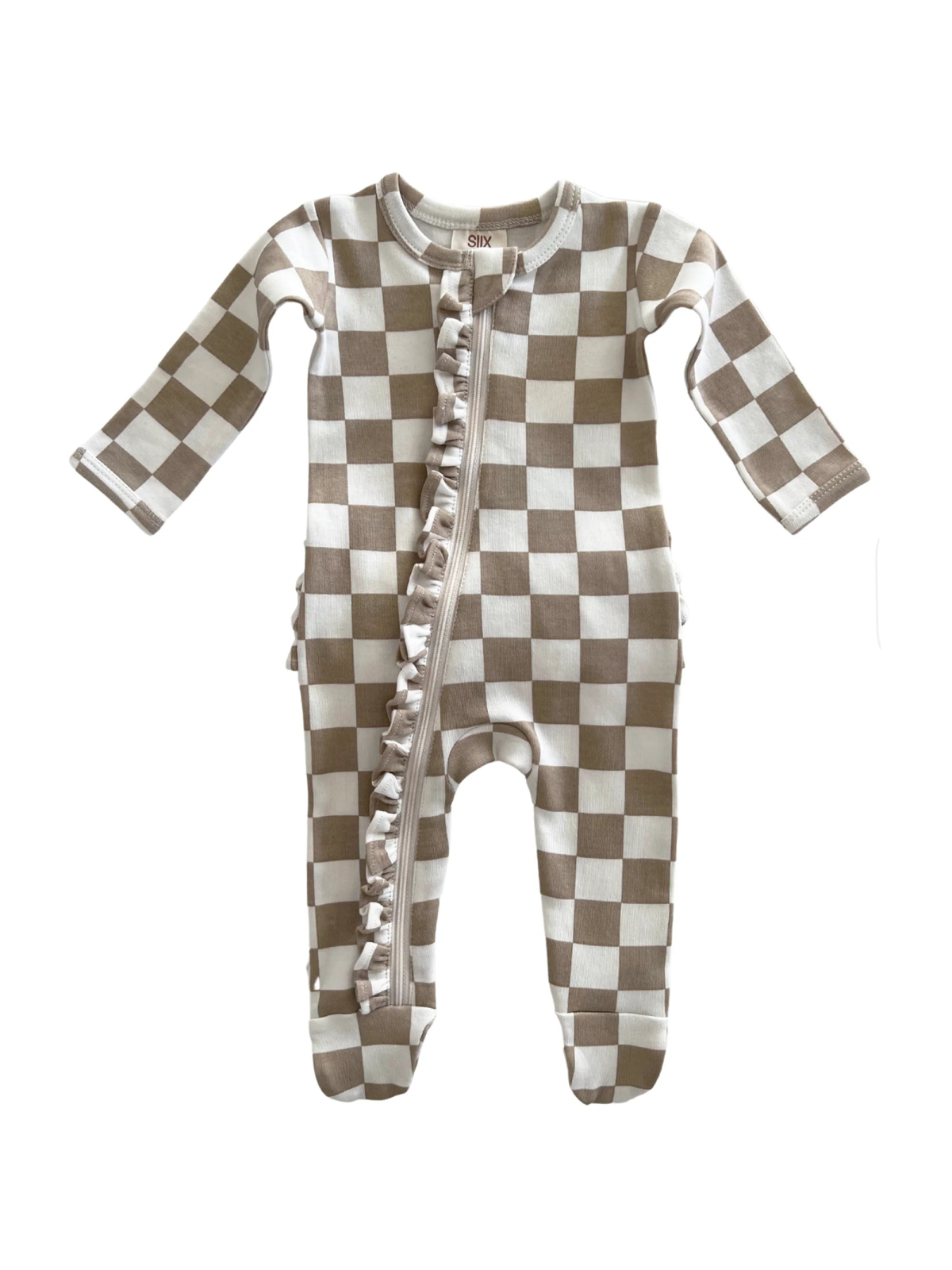 Organic Frill Zip Footie-Tiramisu Checkerboard