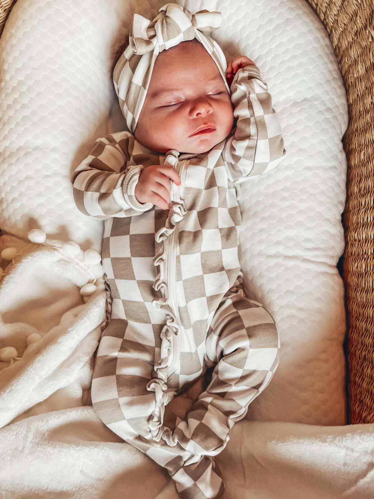 Organic Frill Zip Footie-Tiramisu Checkerboard