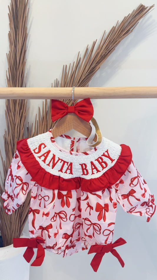 Santa Baby Smocked Ribbon Romper