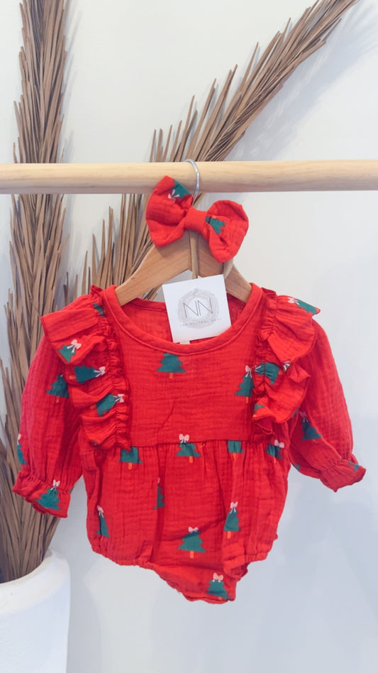 Red Ruffle Tree Romper & Bow