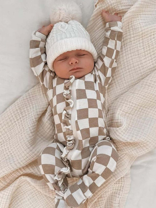 Organic Frill Zip Footie-Tiramisu Checkerboard