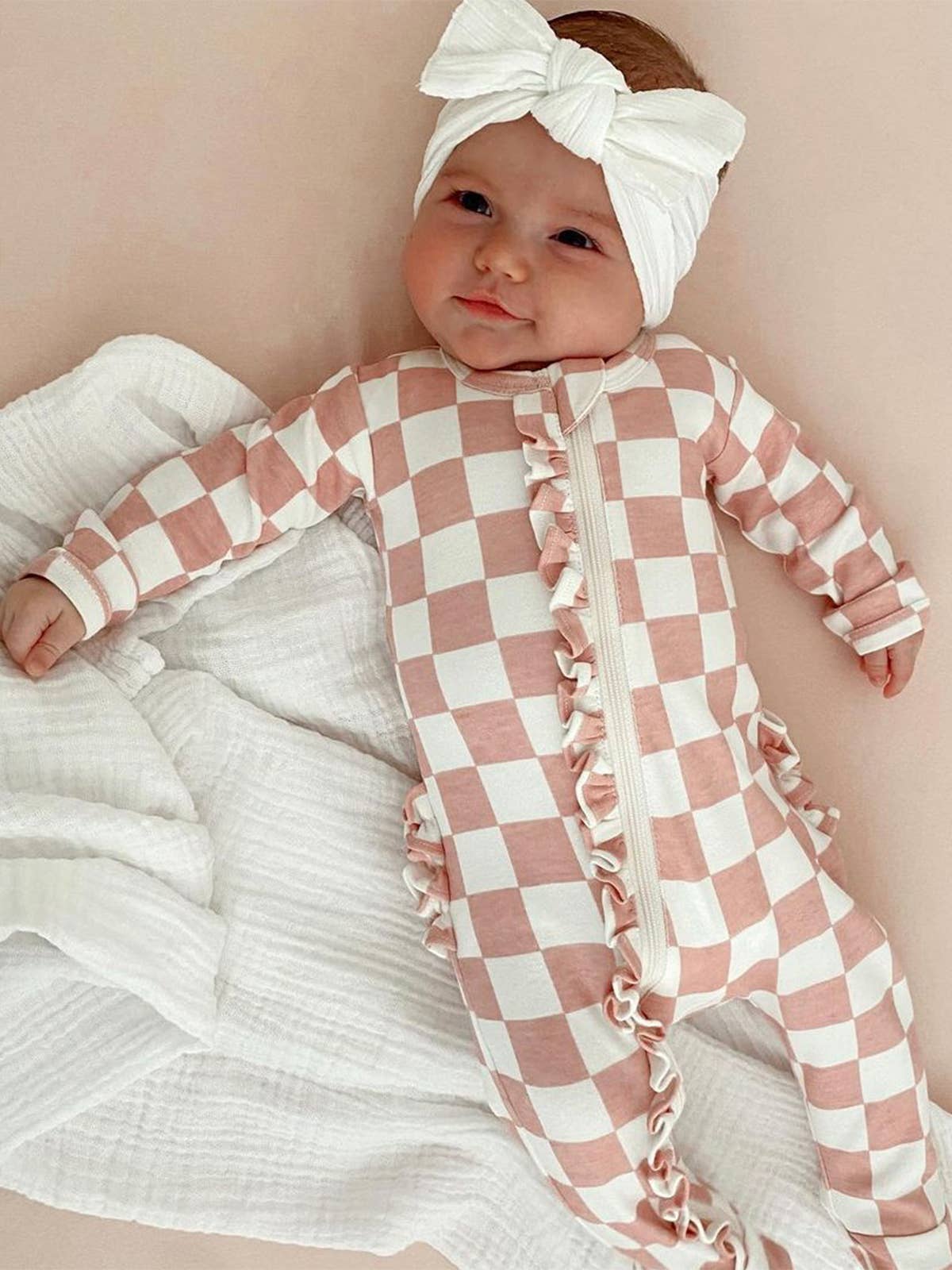 Organic Frill Footie-Strawberry Shortcake Checkerboard