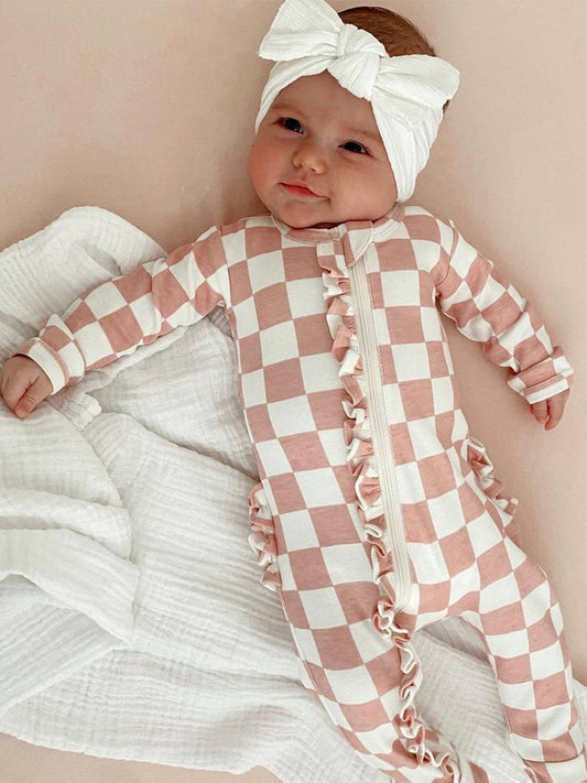 Organic Frill Footie-Strawberry Shortcake Checkerboard